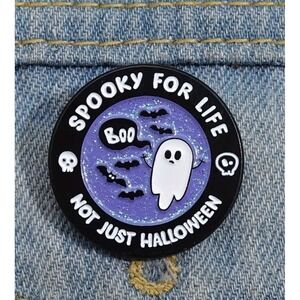 Spooky For Life Not Just Halloween Ghost Enamel Pin Glitter Purple Round Badge